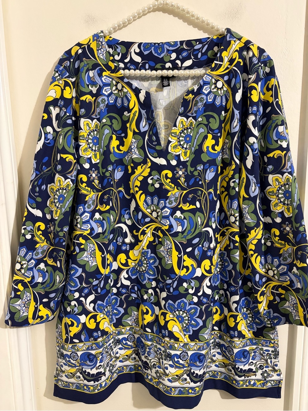 Jones New York Navy Floral-Print Tunic with Yellow & Green Accents